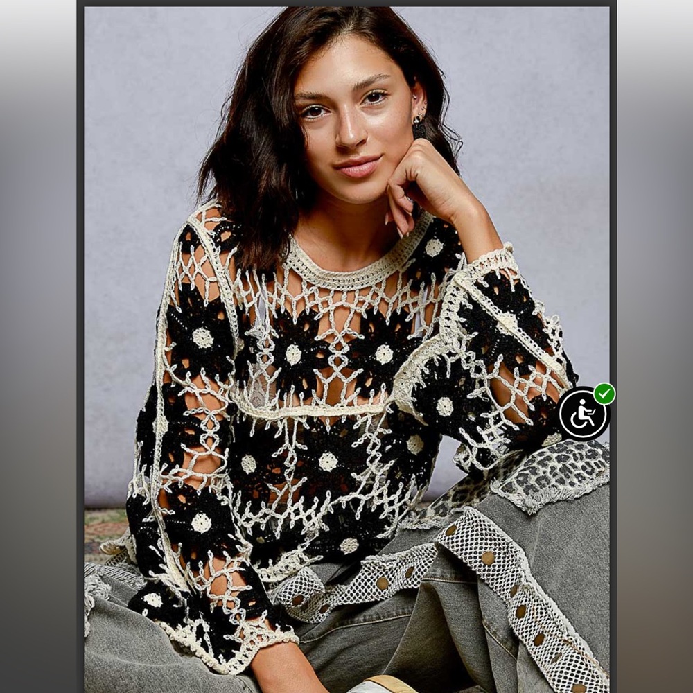 POL Black & White Embroidered Crochet Knit Bell Sleeve Top
